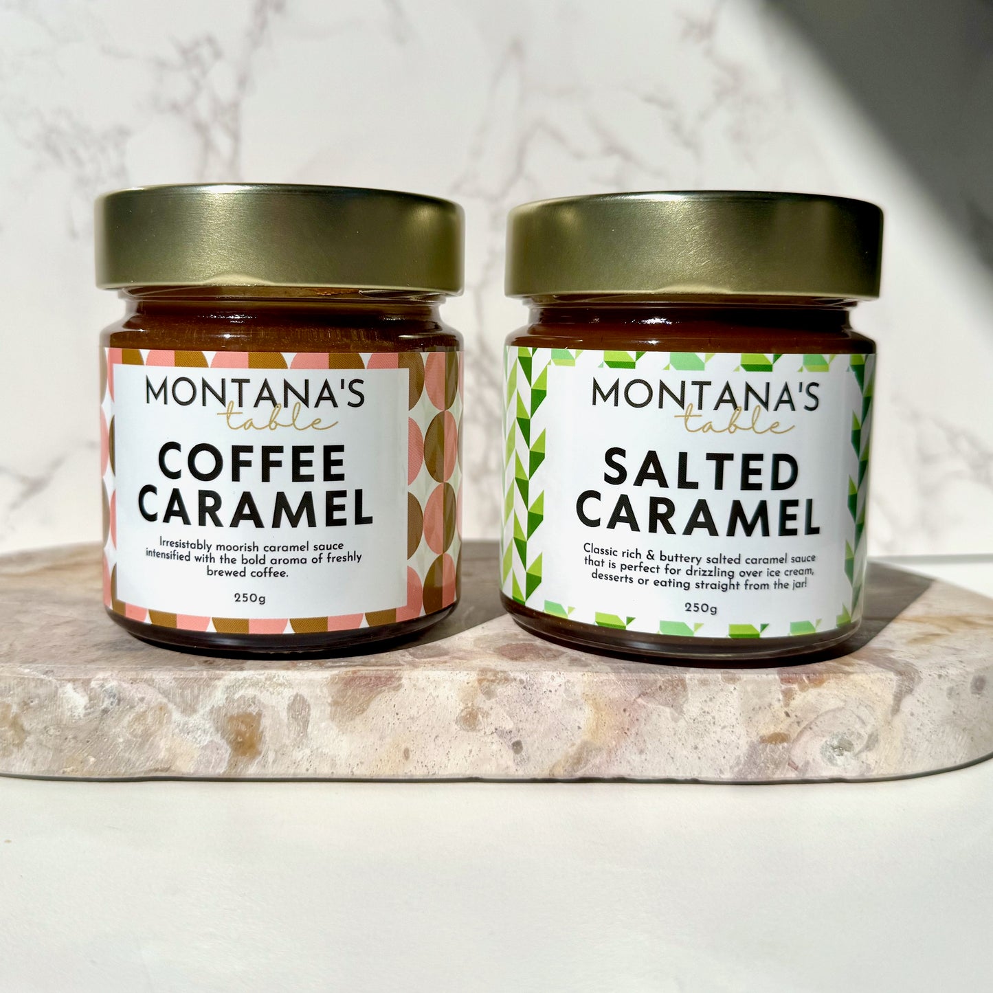 Montana's Table Coffee Caramel and Salted Caramel sauce jars, handmade in Brisbane