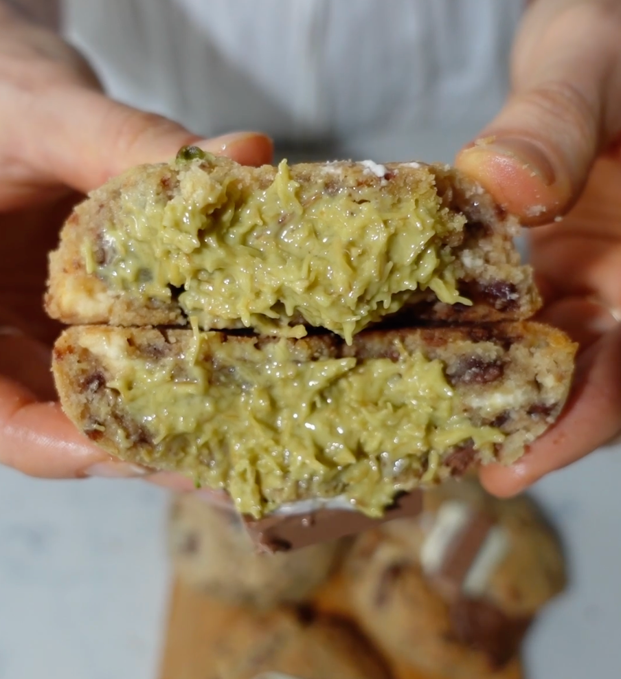 Pistachio Choc Crunch stuffed inside a chocolate chip cookie, Montana's Table recipe.