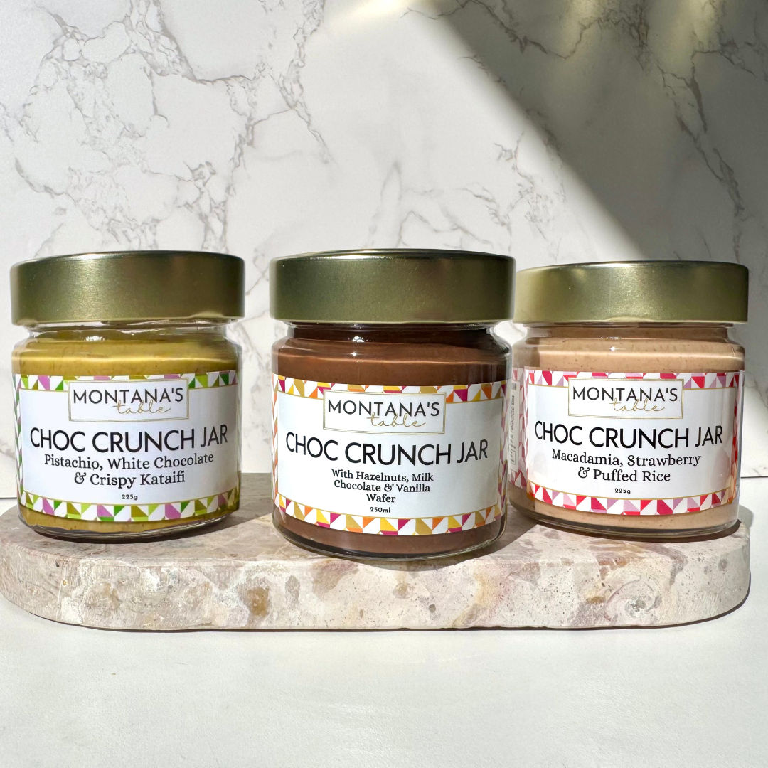 Montana's Table 4 Pack Favourites Box, three handmade Choc Crunch Jars including Dubai chocolate-style Pistachio