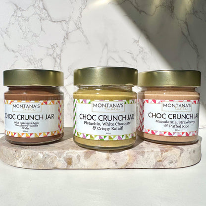 Montana's Table Choc Crunch Jar range: Pistachio, Hazelnut, and Strawberry Macadamia