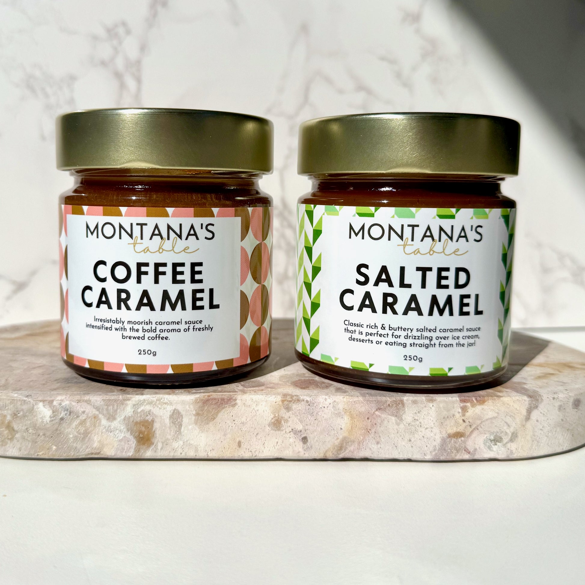 Montana's Table Coffee Caramel and Salted Caramel sauce jars, handmade in Brisbane