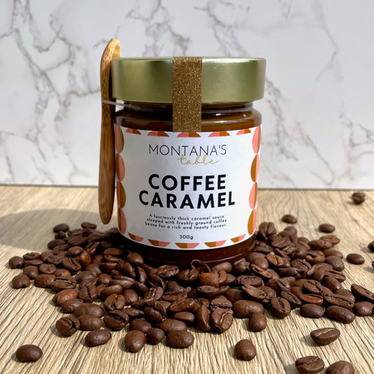 Montana's Table Coffee Caramel Sauce jar on coffee beans, handmade in Brisbane