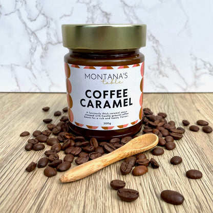 Coffee Caramel Sauce jar with wooden spoon, Montana's Table