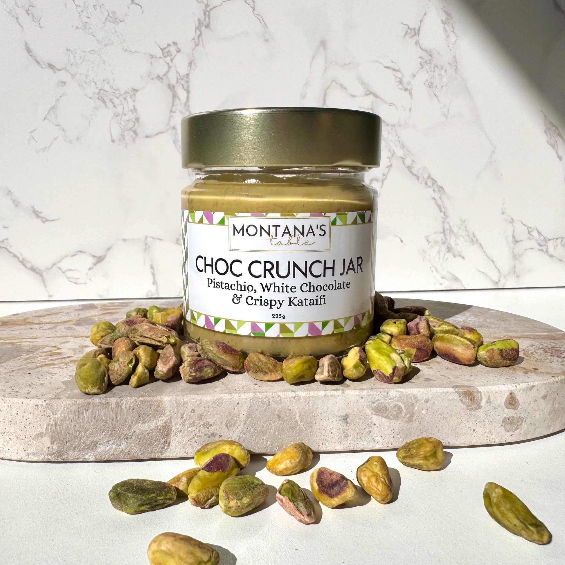 Pistachio Choc Crunch jar, Dubai chocolate style, part of Montana's Table Favourites Box