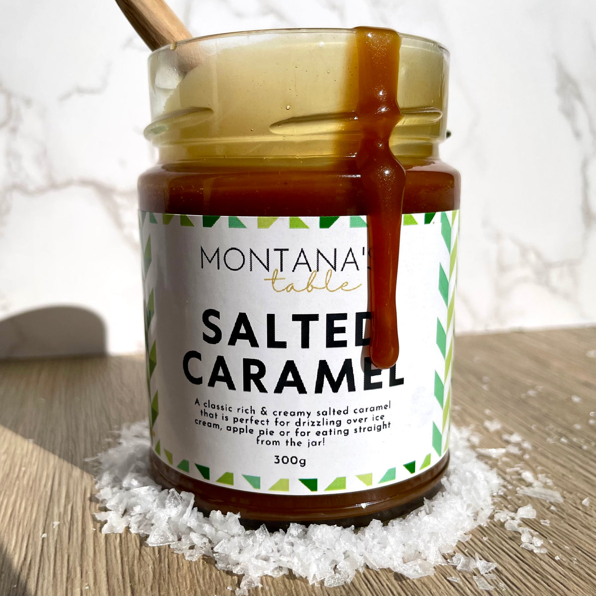 Close-up of Montana's Table Salted Caramel Sauce jar label