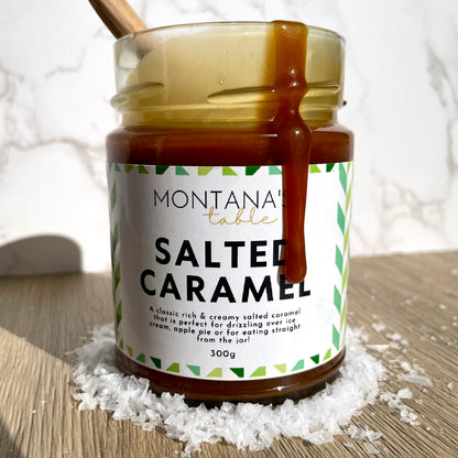 Close-up of Montana's Table Salted Caramel Sauce jar label