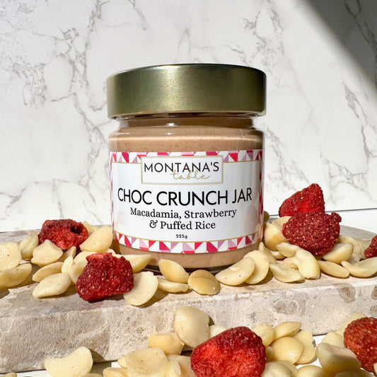Strawberry Macadamia Choc Crunch jar with freeze-dried strawberry and macadamia, Montana's Table