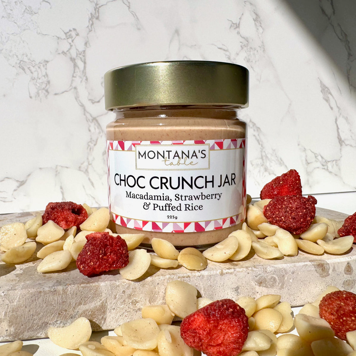 Strawberry Macadamia Choc Crunch jar with freeze-dried strawberry, Montana's Table Favourites Box