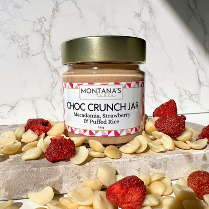 Strawberry Macadamia Choc Crunch jar with freeze-dried strawberry, Montana's Table Favourites Box